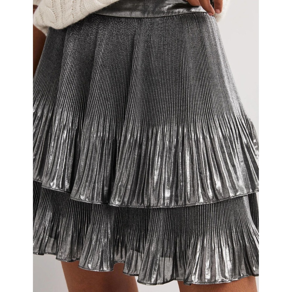 Boden Metallic Foil Silver Pleated Tiered Ruffle Mini Skirt US 12 UK 16 R0178